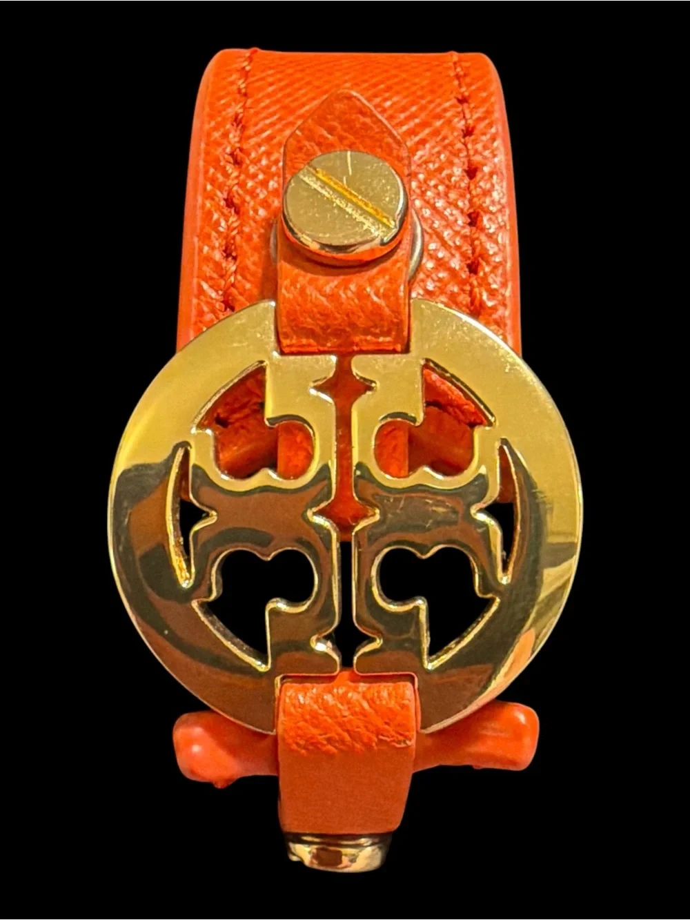 Tory Burch Orange Leather Gold Tone Logo Cuff Bracelet, with TB Jewelry Pouch